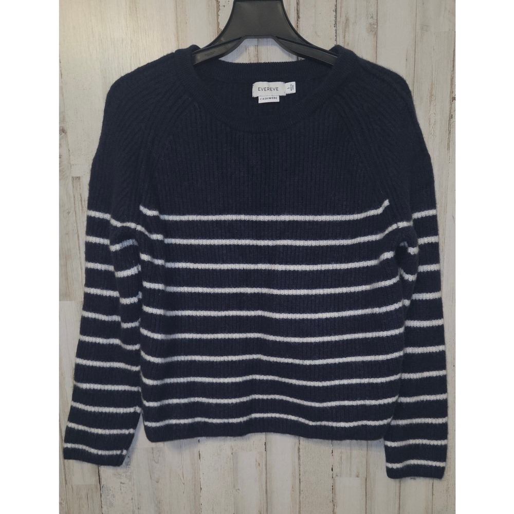 Evereve size L Striped Thick 100% Cashmere Sweater Pullover Nautical Crew